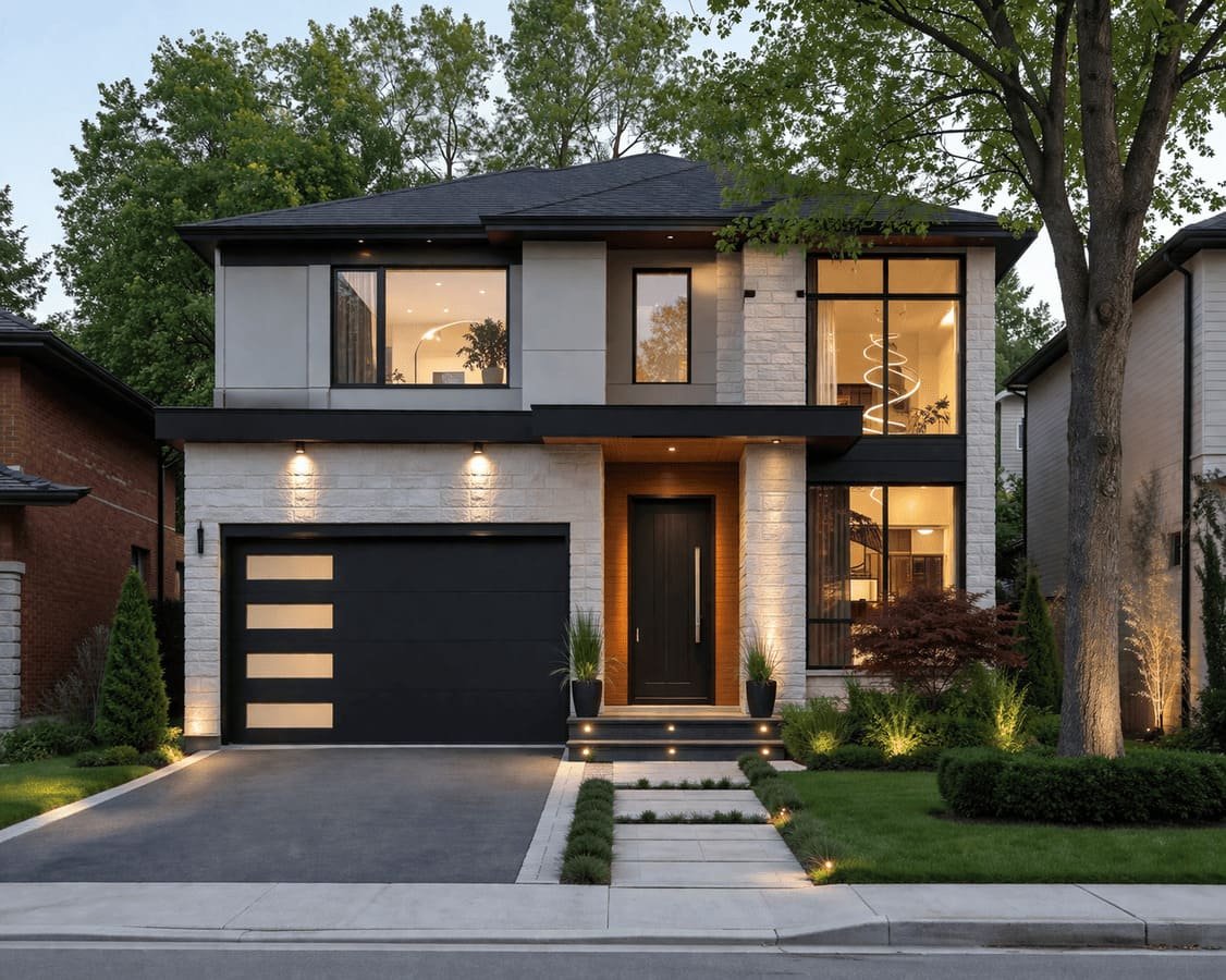 Modern two-story house with a double garage, stone facade, and illuminated entry at dusk.