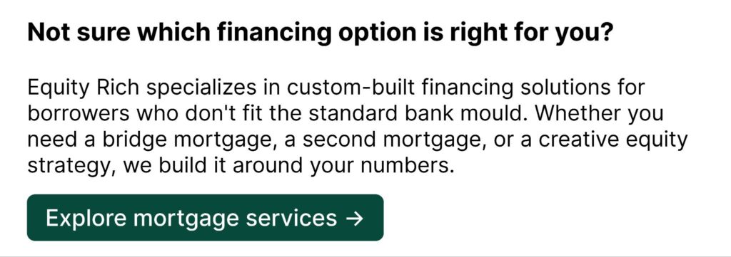 image - Equity Rich Banner headline asking, 'Not sure which financing option is right for you?' with a paragraph about custom-built mortgage solutions and a green 'Explore mortgage services' button.